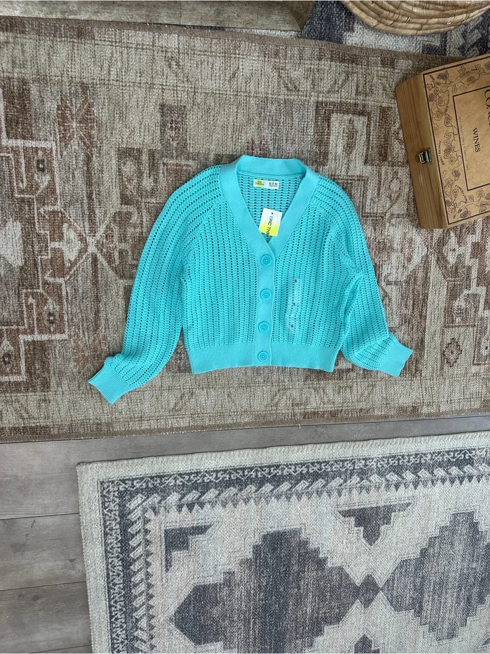 New Epic Threads Girls Cardigan Macys Exclusive V Neck Turquoise Button Sm 7/8